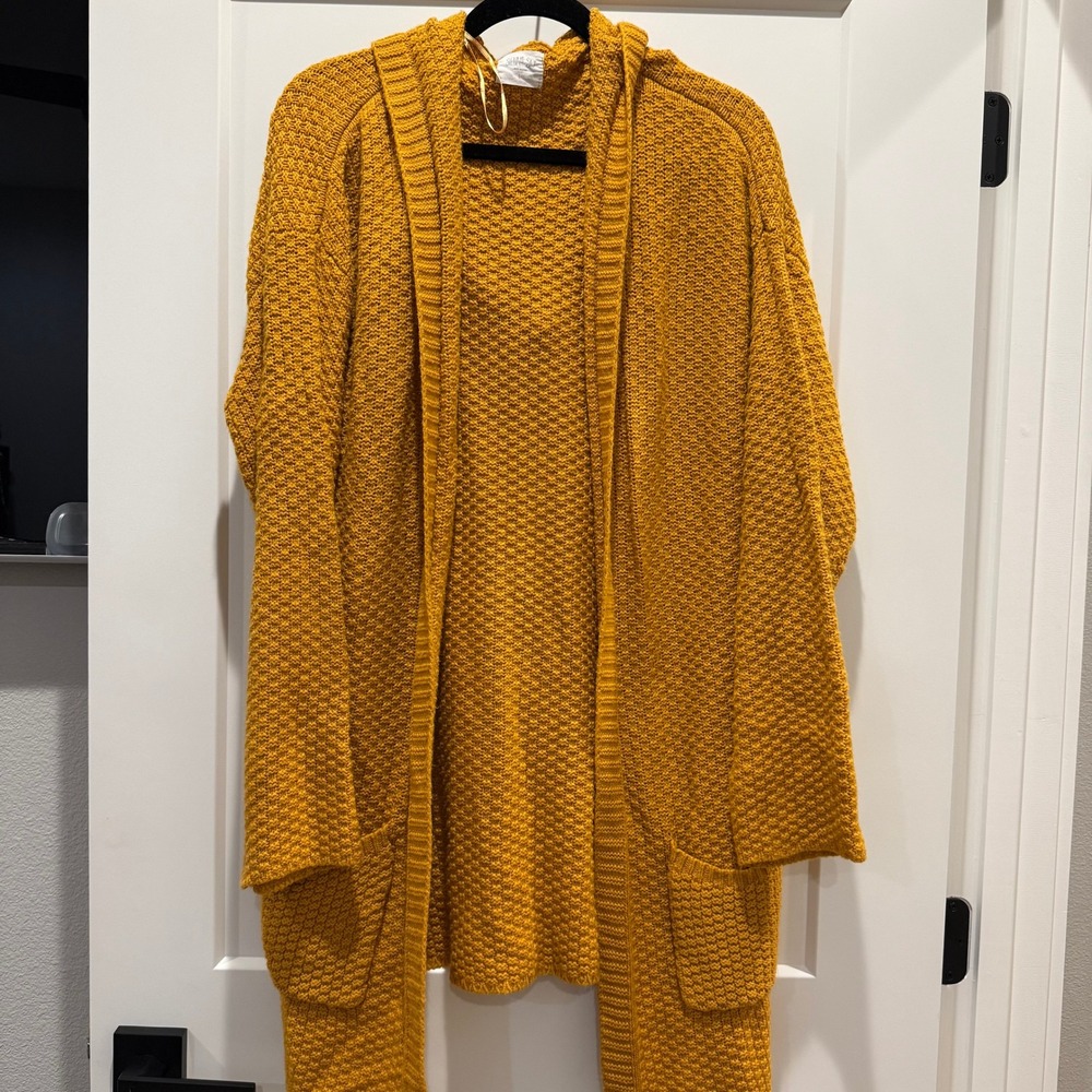 Boho Cozycore Sienna Sky Mustard Hooded Long Cardigan L Chunky Knit Coatigan